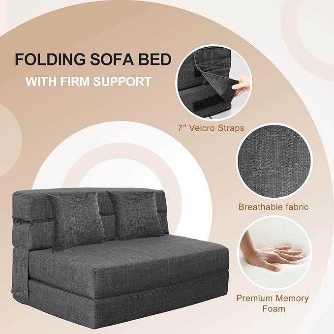 Queen Size Folding Sofa Couch Memory Foam with 2 Pillows Sleeper Chair Lazy Couch Triple Futon Convertible Guest Beds, Washable Cover, Dark Gray