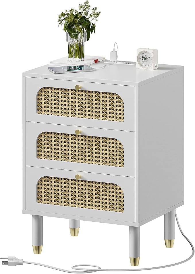 VINGLI Rattan Nightstand with Charging Station, 27" Tall White Nightstand with 3 Drawers for Bedroom, Boho Mid Century Modern Bed Side Table/End Table (White, 1 Pack) - Image 9