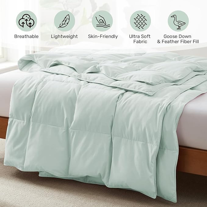 Joysoul Goose Feathers Fiber Comforter - Lightweight Ultra Soft Fabric Cover Breathable White Down Feather Fill, Light Green King Size Duvet Insert (104" X 88")