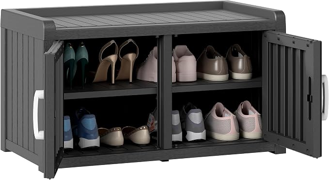 2-Tier Storage Bench, Waterproof UV-Resistant Outdoor Shoe Storage Cabinet with 2 Doors & Adjustable Shelves for Indoor Outdoor Entryway, Hallway, Living Room (Raven Black) - Image 7