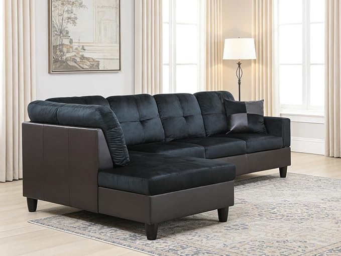 103.5 Inch Modern L-Shaped Couch, Flannel Sectional Sofa with Chaise Lounge, 4-Seater Couch with Accent Pillows for Living Room, Apartment, Dark Blue & Brown