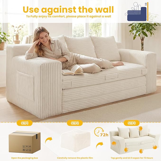 Boneless Couch Sleeper Sofa Bed: 3-in-1 Convertible Sofa Bed with Side Pockets & Handle,Pull Out Couch with 3 Pillows,Folding Futon for Small Space,Living Room & Bedroom
