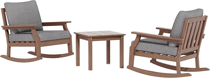 HDPE Patio Conversation Set, 3-Piece All Weather Outdoor Furniture Set with 2 Rocking Sofas for Deck, Lawn, with Cushion, Brown