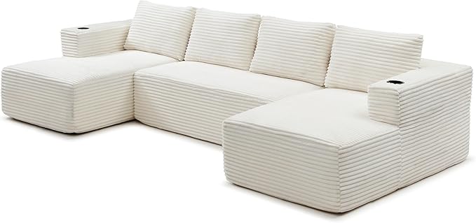 132-Inch U-Shaped Cloud Sectional Couch, Symmetrical Modular Compressed Boneless Sectional Sofa with Chaise Lounges, Plush Corduroy Boneless Corner Sofa W/Cupholders