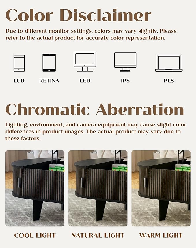 47.2" Oval Lift Top Coffee Table with Storage, Wood Fluted Coffee Table with 180° Sliding Tambour Door, Mid Century Modern Center Table for Living Room, Office, Black