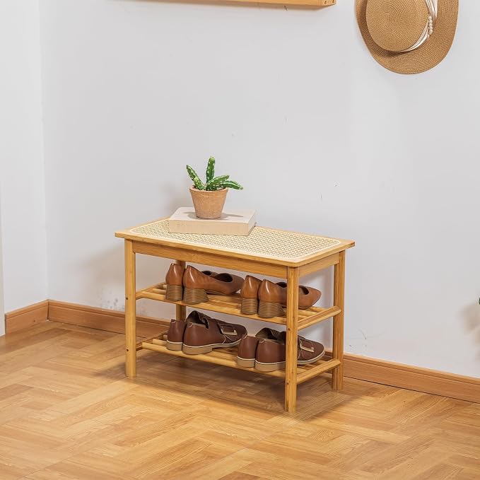 Bamboo Entryway Bench with Woven Rattan Seat, 2-Tier Shoe Storage Bench for Hallway & Entryway 23.62 inches Nature - Image 6