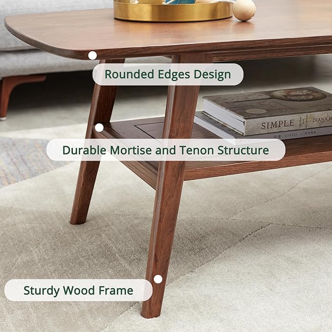 Mid Century Modern Coffee Table: 100% Solid Wood Coffee Table - 2-Tier Storage Design - Space Saving Small Coffee Tables for Living Room, Apartment (Walnut, 31.49")