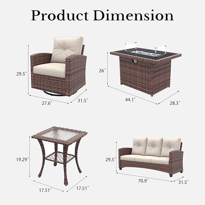 LayinSun 5 Pieces Patio Furniture Set with Swivel Chairs, Rattan Wicker Rocking Glide Chairs with 44" Propane Gas Fire Pit Table Conversation Set