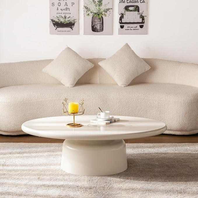 Cream White Oval Coffee Tables for Living Room Modern Irregular Coffee Table Center Tables Space Saving Sofa Low Table Unique Stable Pedestal Tea Table for Bedroom Easy Assembly (Oval 45.66")