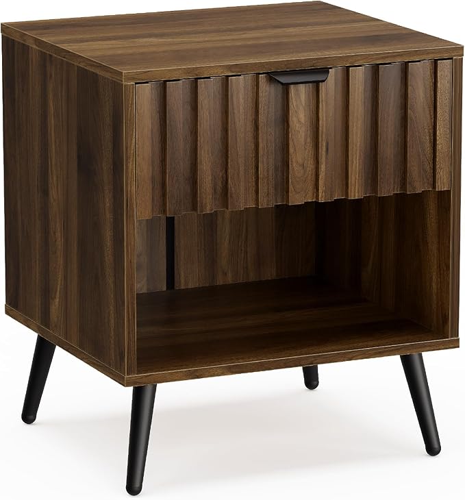 Smuxee Walnut Wooden Night Stand, Mid Century Nightstand with Fluted Drawer, Bedside Table with Open Shelf, Modern End Side Table for Bedroom - Image 8