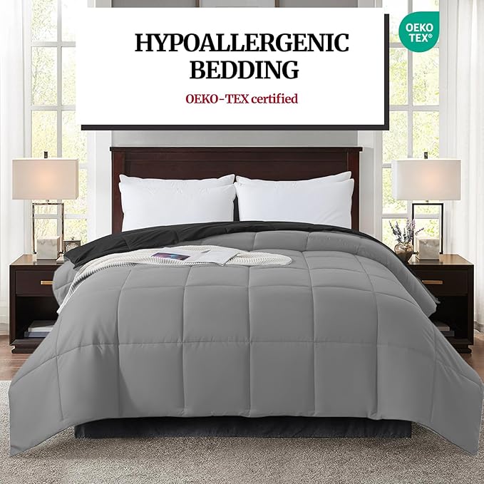 Down Alternative Bedding Comforter King Size - All-Season Soft Reversible Microfiber Bedding Comforter - Lightweight & Machine Washable(Black/Dark Gray, King (U.S. Standard))