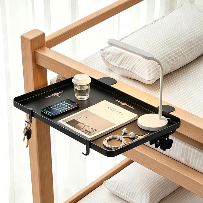 Bedside Bunk Bed Shelf for College Dorm Essentials, Bedside Caddy with Cable Catch & Bedside Organizer, Floating Nightstand for Bed Room, Office, Dorm Room, Metal Beside Tray, Bed Table, Black - Image 7
