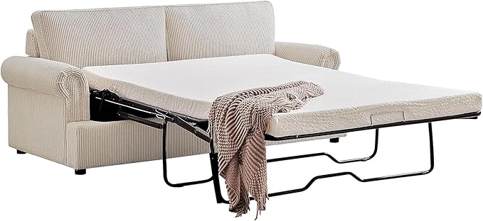 Reversible Sleeper Sofa Bed with Comfortable Memory Foam Mattress, Convertible Corduroy Full Size Pull Out Couch for Living Room, Space Saving Furniture, 76" Wide, Rounded Arms, Ivory