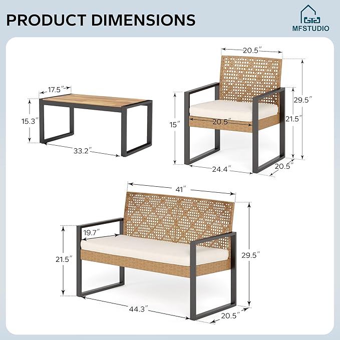 MFSTUDIO Patio Sofa Set for 4, Outdoor Rattan Couch with Wood Table & 2 Chairs, Outdoor Wicker Loveseat Sofa, Patio Sectional Couch Set for Backyard, Beige