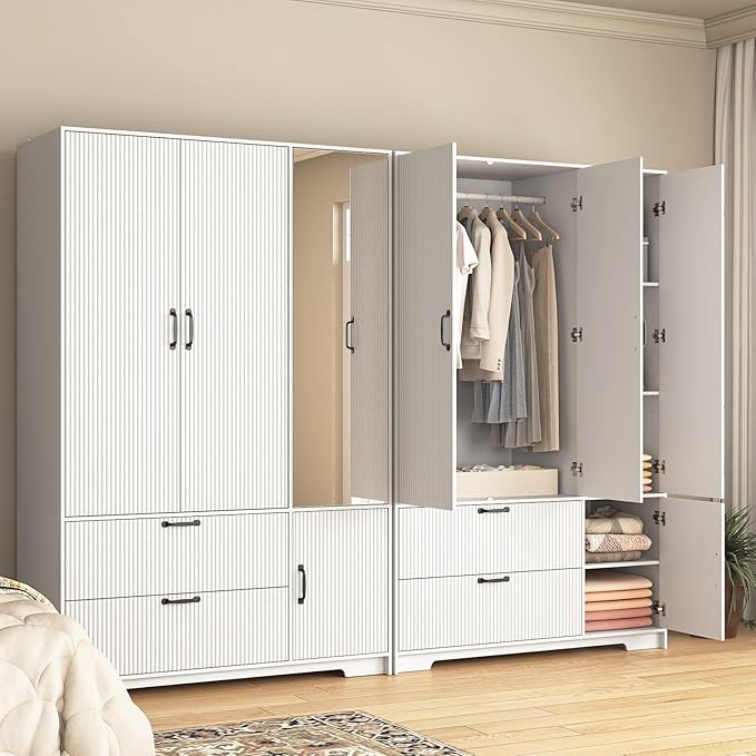 72'' Fluted Armoire Wardrobe Closet with Mirror Door and 2 Drawers,Tall Bedroom Armoire Wardrobe Cabinet with Hanging Rod,Wooden Bedroom Closet with 4 Adjustable Shelves (White)