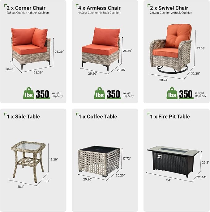 11 Pcs Patio Furniture with Fire Pit Table, Outdoor Rattan Wicker Conversation Set with Glowing Coffee Table, Comfy Sectional Sofa for Porch Balcony Backyard Pool, Orange