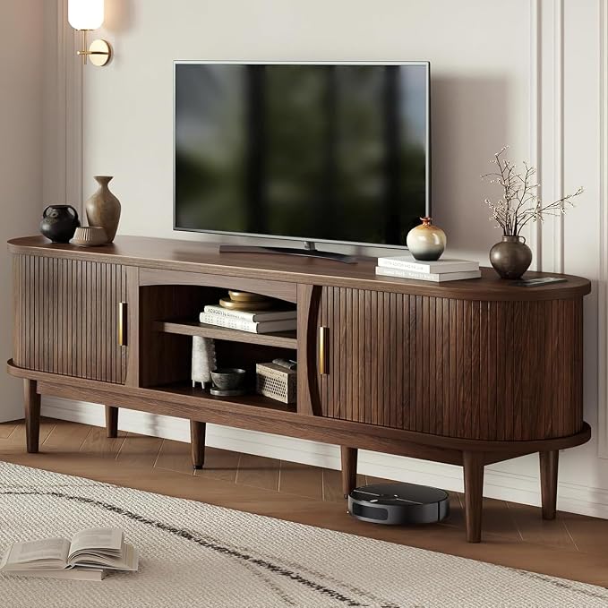 Decofy Mid Century TV Stand for TVs up to 80 Inches, Entertainment Center with Storage, Power Outlet, Fluted Sliding Doors & Adjustable Shelves, Modern Media TV Console Table for Living Room (Walnut) - Image 7
