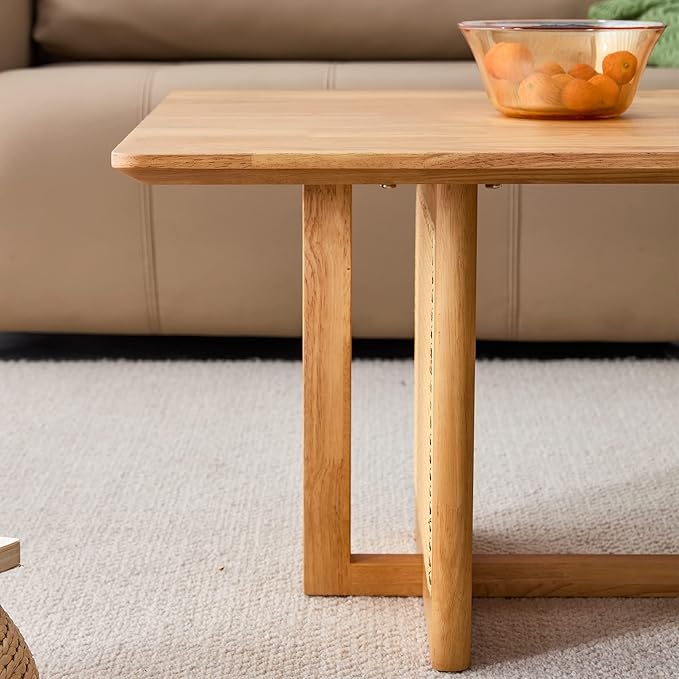 Mid Century Modern Wood Coffee Table with PE Rattan Stand, 47 Inch Rectangular Solid Wood Boho Coffe Table, Unique Center Cocktail Table for Livinig Room Apartment Office