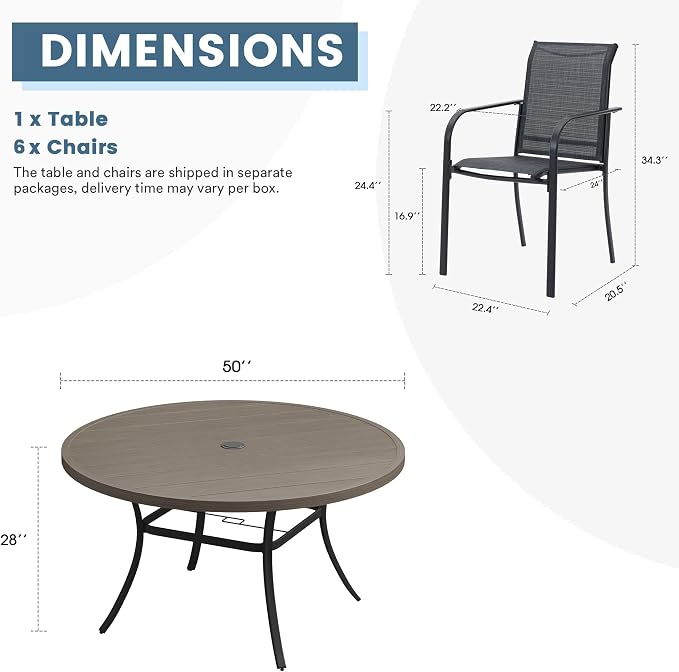 DIFY Patio Dining Set for 6, 7 Piece Outdoor Table and Chairs Set, 50" Grey Wood-Like Round Metal Patio Dining Table and 6 Grey Textilene Stackable Patio Chairs, for Backyard Garden Poolside - Image 8