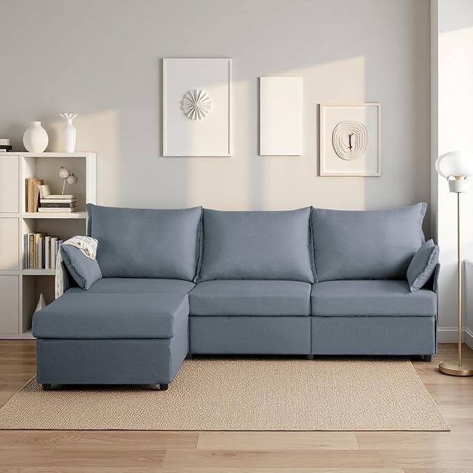 93.7” Sectional Sofa with Movable Ottoman, 3 Seaters L Shaped Couch Modular Sofa Bed with 2 Armrest Pillows, Small Sectional Couch for Living Room Bedroom Small Space Furniture, Gray