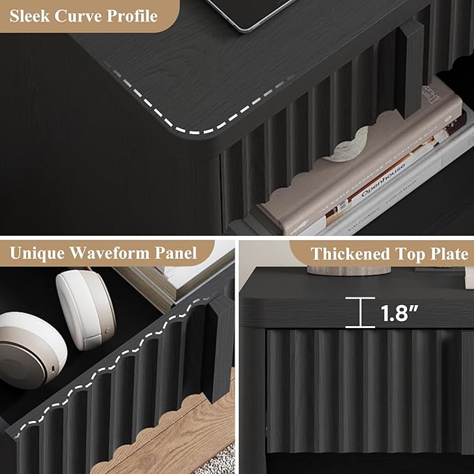 Fluted Dresser and Nightstand 4-Piece Bedroom Set, 47" Wide 6-Drawer + 49" Tall 6-Drawer Dresser and 2 Nightstands with Charging Station, Modern Bedroom Dressers Sets, Hallway, Living Room, Black