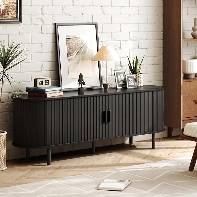 ONBRILL 63" TV Stand with Power Outlet for TVs up to 70 Inch, Entertainment Center with Storage and Adjustable Shelves, Modern Media Console with Sliding Doors for Living Room, Black - Image 7