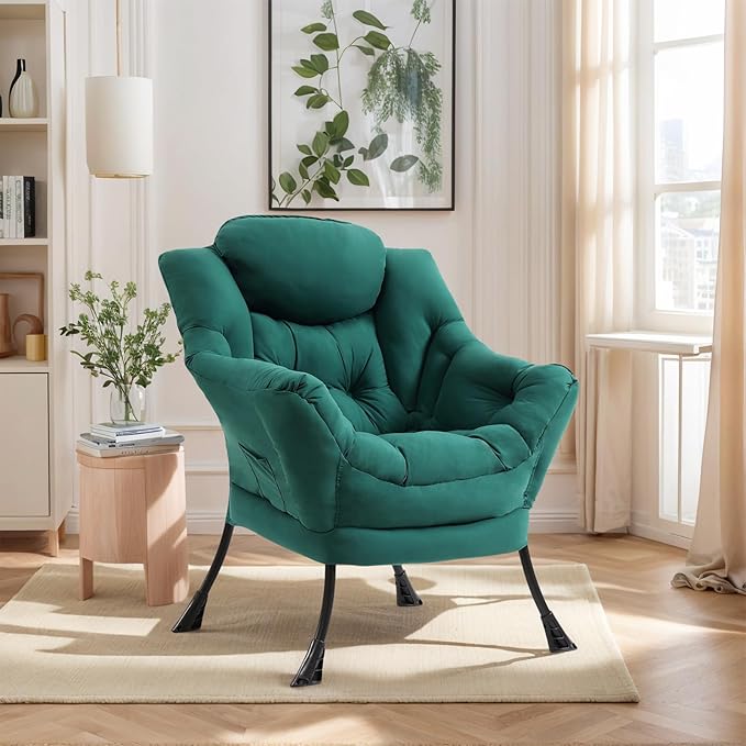 Furlide Lazy Chair for Living Room, Modern Accent Chairs with Armrests, Dark Green Armchairs with Side Pocket, Cozy Lazy Sofa for Reading, Balcony, Bedroom, Dorm, Small Spaces