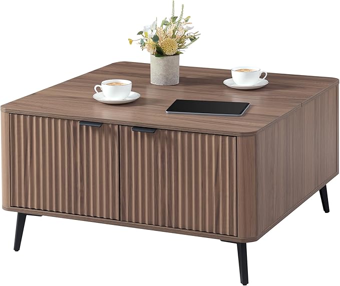 Lift Top Coffee Table with Large Hidden Compartment, 35.4" Wide Square Coffee Table with Storage, Mid Century Modern Fluted Center Table for Home Living Room, Brown