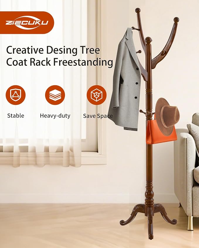 Wooden Coat Rack Freestanding, Solid Wood Coat Rack Stand with 13 Hooks, Mid-Century Modern Heavy Duty Coat Racks,Walnut Brown Standing Coat Jacket Hanger Clothes Tree Stand for Corner, Office - Image 7