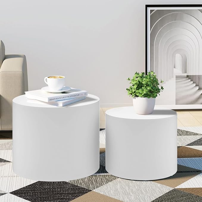 Small Coffee Table Nesting End Table Set of 2, Round Coffee Table Wood Side Table Circle Accent Tables for Small Spaces Living Room Bedroom Balcony Office, White