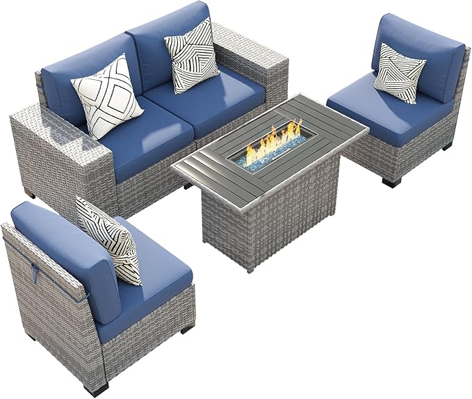 5 Piece Patio Furniture Set with Fire Pit Table, Outdoor Conversation Sets Grey Wicker Rattan Sectional Sofa, 4'' Thickened Cushion Navy Blue (Include Waterproof Cover)