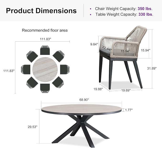PURPLE LEAF 9 Pieces Patio Round Dining Set Aluminum Round Table and Rattan Arm Chairs with Cushions for Kitchen Porch Garden Modern Outdoor Furniture Sets, Beige and Dark Grey - Image 9