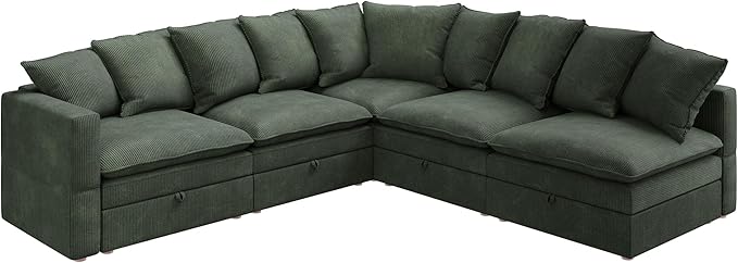 HONBAY Modular Sectional Sofa, 5 Seaters Corduroy Sectional Couch, L Shaped Sofa with Storage & Adjustable Backrest, Green