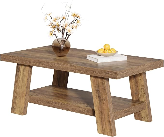 Tribesigns 47-Inch Farmhouse Coffee Table with Storage Shelf, Rustic Wooden Center Table for Living Room, 2-Tier Rectangle Coffee Table for Apartment (Rustic Brown)