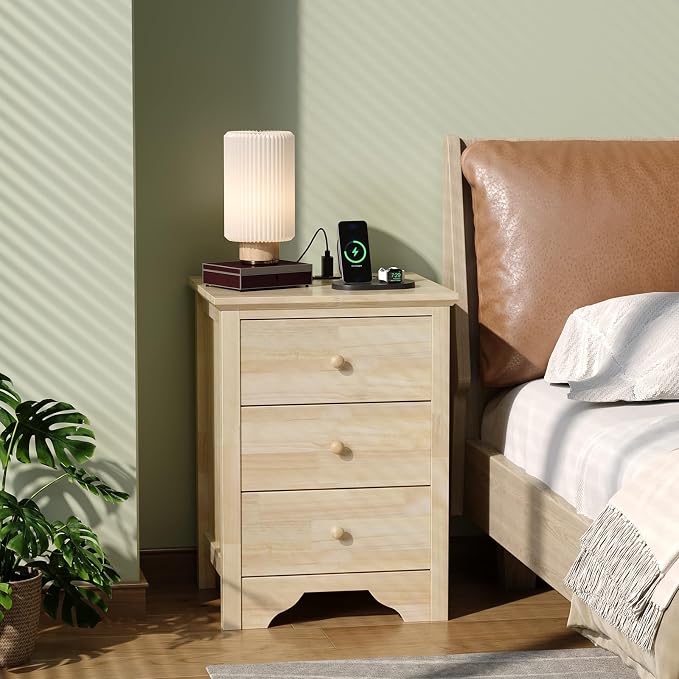 Bonnlo Solid Wood Nightstand Unfinished for Color DIY, 18.54" W Nightstand with Charging Station, Nightstand with Drawers, Natural Wood Nightstands/Bed Side Table/End Table, Night Stand for Bedroom - Image 9