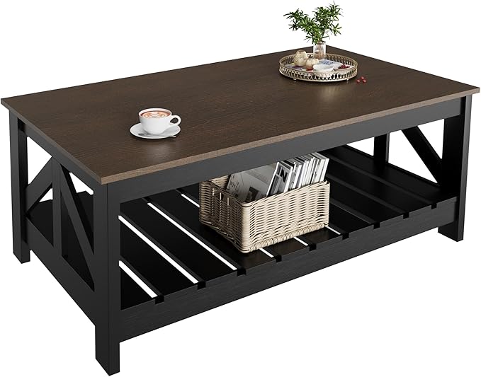 YESHOMY Farmhouse Coffee Table, Coffee Tables for Living Room, Farmhouse Square Coffee Table with Storage, Couch Table, Small Tables for Small Spaces, Brown and Black
