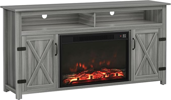 YESHOMY Fireplace TV Stand for Television up to 65+ Inch with Storage and Farmhouse Barn Doors, Entertainment Center with Cabinet and Shelves, Media Console for Living Room, Gray Wash - Image 7