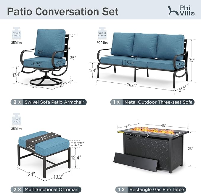 PHI VILLA Patio Furniture Set with FirePit Table, Outdoor Furniture with 1 x 3-Seat Deep Seating Bench, 2 x Swivel Sofa Chairs & 2 Ottomans, 5.75" Cushioned Outdoor Conversation Set for 5, Navy Blue