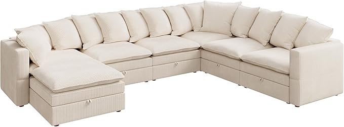 HONBAY Modular Sectional Sofa with Ottoman, 7 Seat U Shaped Couch with Storage & Pillows, 137 Inch Oversized Sectional Sofa for Living Room, Beige