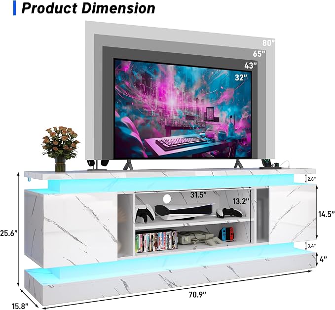 chartustriable 71IN LED TV Stands w/Power Outlet for 85/80/75 Inch TVs,High Glossy Modern Tall Entertainment Center TV Media Console Gaming with 2 Storage Cabinets,Dual LED Lights,White Marble - Image 6