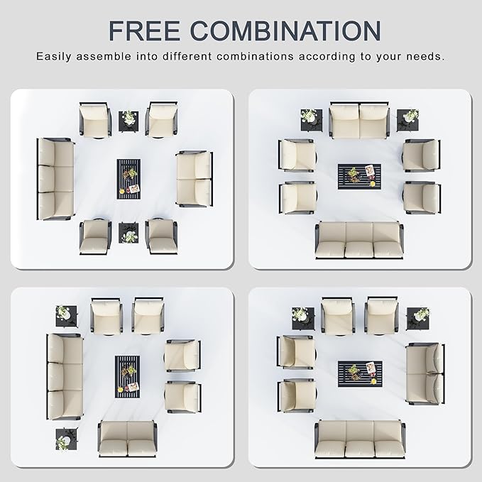 9-Piece Outdoor Patio Conversation Sets, Rope Outdoor Furniture Set Metal 3-Seater Couch, 4 Swivel Rockers with 2 Side Tables, Loveseat Sofa with Coffee Table for Backyard Deck Porch Poolside, Beige