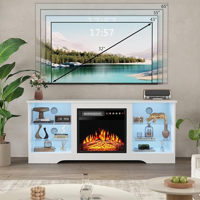 PRETZI Fireplace TV Stand with 18" Fireplace Up to 65" TVs, 58" Entertainment Center with LED Lights, TV Media Console with Adjustable Glass Shelves and Storage Cabinets for Living Room, White - Image 7