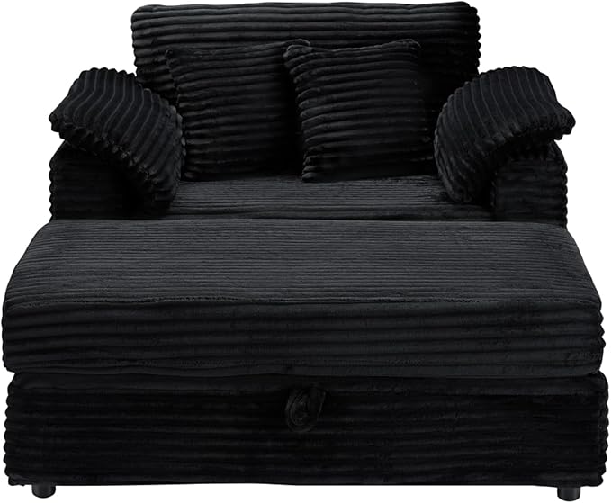 KEIKI 47.24 inch Corduroy Sofa, Wide Corduroy Armchair with Storage Feet and 2 Throw Pillows, Sleeper Couch for Living Room, Apartment, Salon, Home Theater, Black