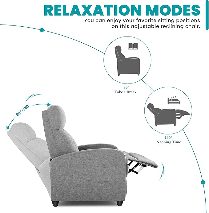 Sweetcrispy Recliner Chair Fabric Recliner Sofa No Massage, Home Theater Seating with Lumbar Support, Adjustable Push Back Overstuffed High-Density Sponge Reclining for Living Room, Grey