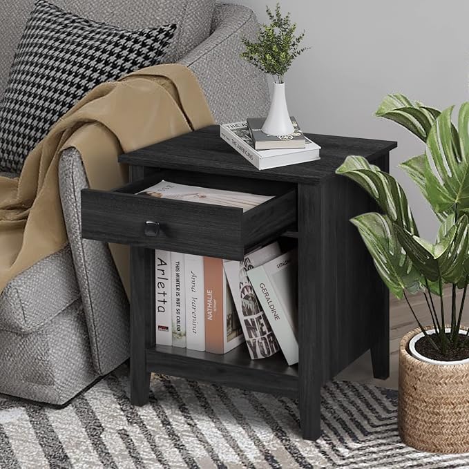 LTMEUTY Wood Nightstand Set - Set of 2 Black Nightstands with Drawers for Bedroom Bedside Table, Tall Night Stand with One Drawer & Open Cabinet - Image 7