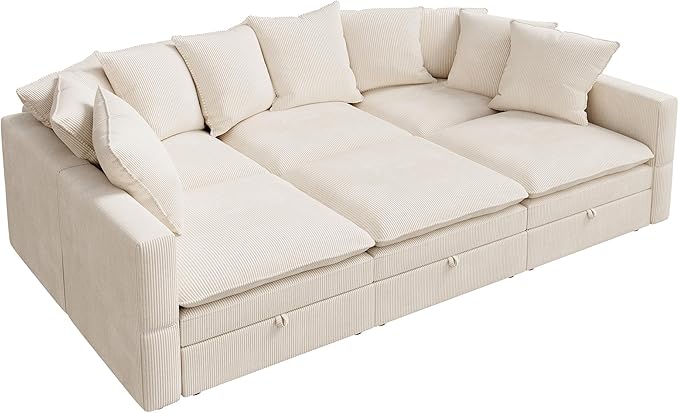 HONBAY Modular Sectional Sleeper Sofa, Corduroy 6 Seater Couch with Storage, Sectional Sleeper Couches for Living Room, Beige