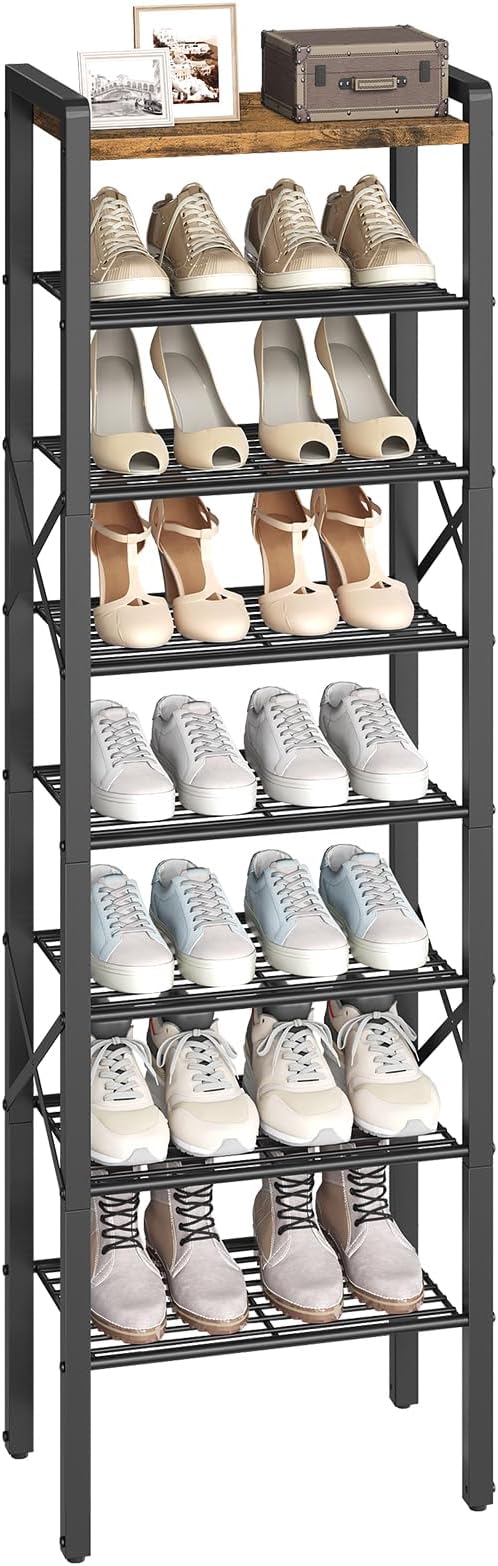 YATINEY 8-Tier Narrow Shoe Rack, Tall Shoe Rack for 8-16 Pairs, Slim Shoe Storage Organizer with Wooden Top, Space Saving, Metal Frame, for Entryway, Rustic Brown and Black SS608BR - Image 9