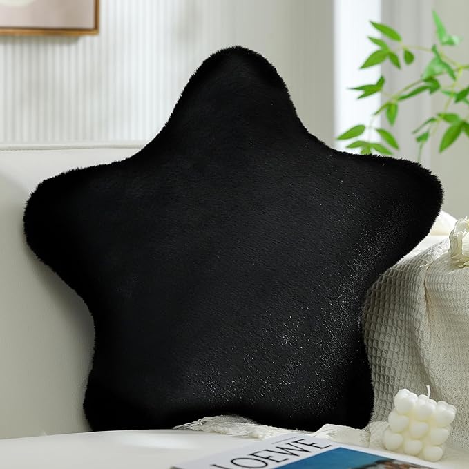 YRXRUS Star Pillows, Black Star Shaped Pillow, Decorative Throw Pillow Gifts, Cute Plush Room Decor, Fluffy Faux Rabbit Fur 14"x14"Pillows for Living Bedroom