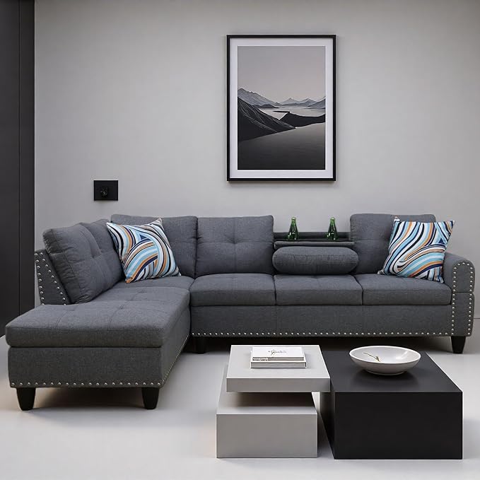 L Shape Sectional Couch with Chaise, 97.5 Inch Modular Sofa with Cup Holders, Sectional Couches for Living Room, Ergonomic Reclined Backrest, for Office and Small Apartment, Grey
