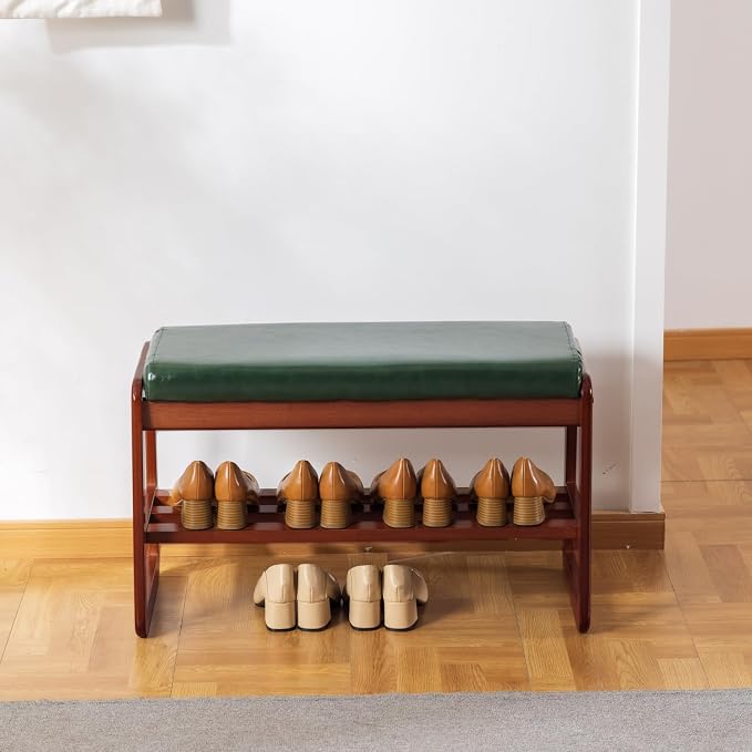 latifolia Solid Wood Bench, Entryway Shoe Bench with Cushion, 2 Tier Shoe Storage Organizer for Hallway, Living Room(Green,31.50''L) - Image 7